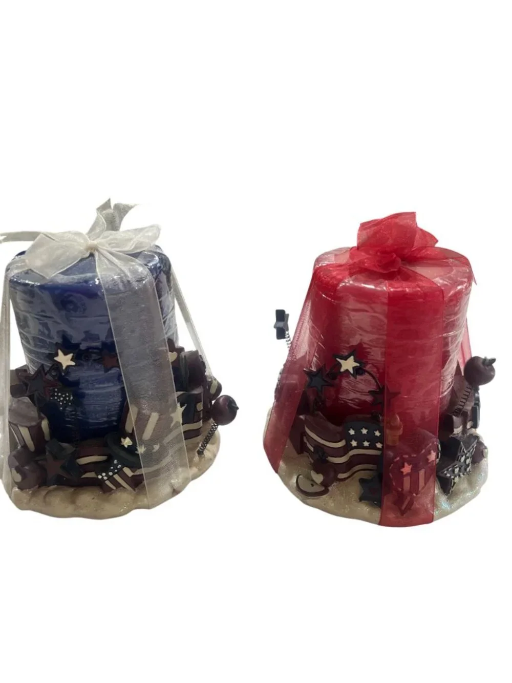 Patriotic Red & Blue Decorative Candles With Star & Flag Accents Wrapped In Shee
